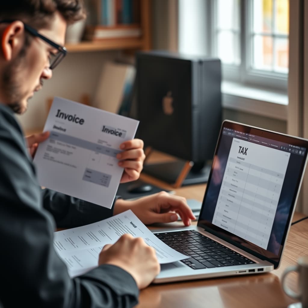 Freelancer checking invoice against tax compliance checklist